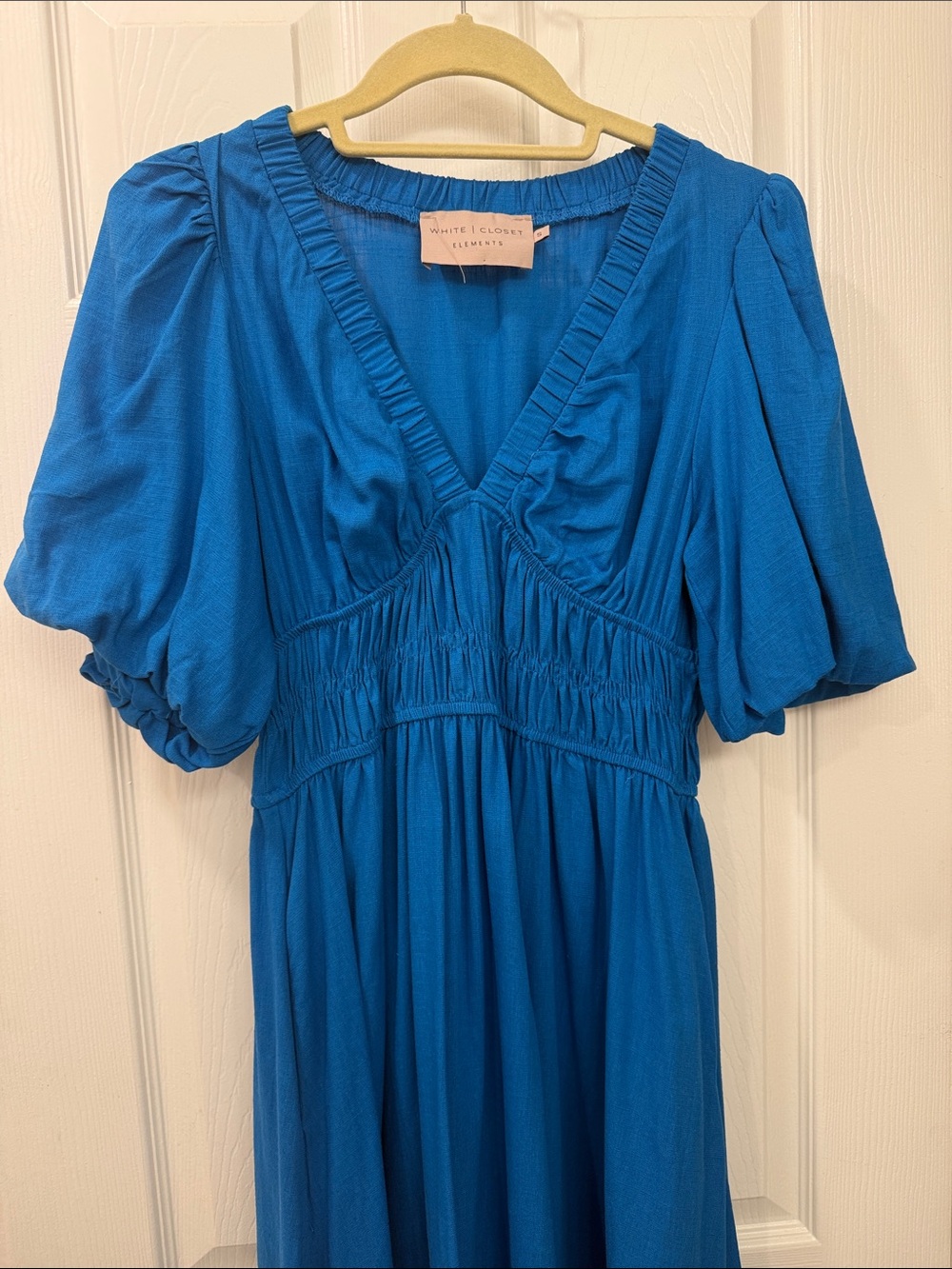 White Closet Elements Bright Blue V-Neck Maxi Dress with Puff Sleeves Sz Small